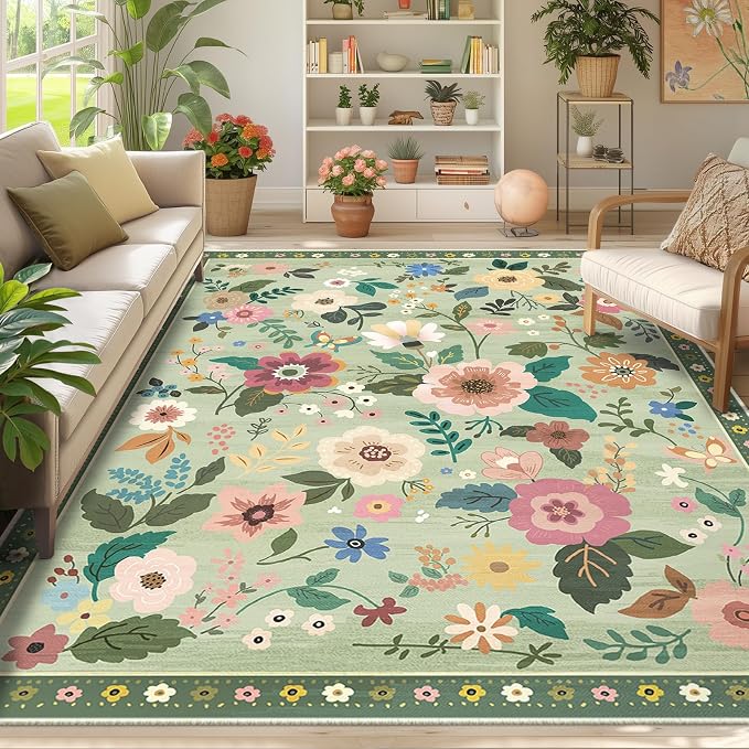 Floral 9x12 Area Rug Machine Washable Soft Print Boho Carpet Non Slip Doormat - Image 2