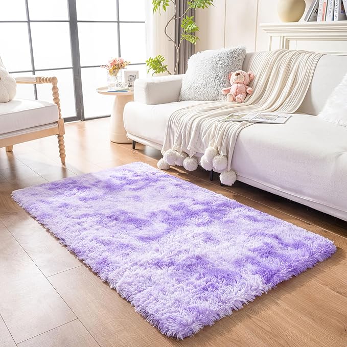 duduta Purple Plush Rugs for Bedroom 3x5 ft, Tie Dye Fluffy Shag Rug for Dorm by Duduta