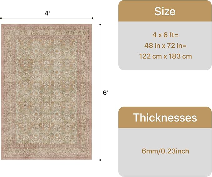 Bavni 4x6 Vintage Floral Rug, Washable Non Slip Area Rug - Image 2