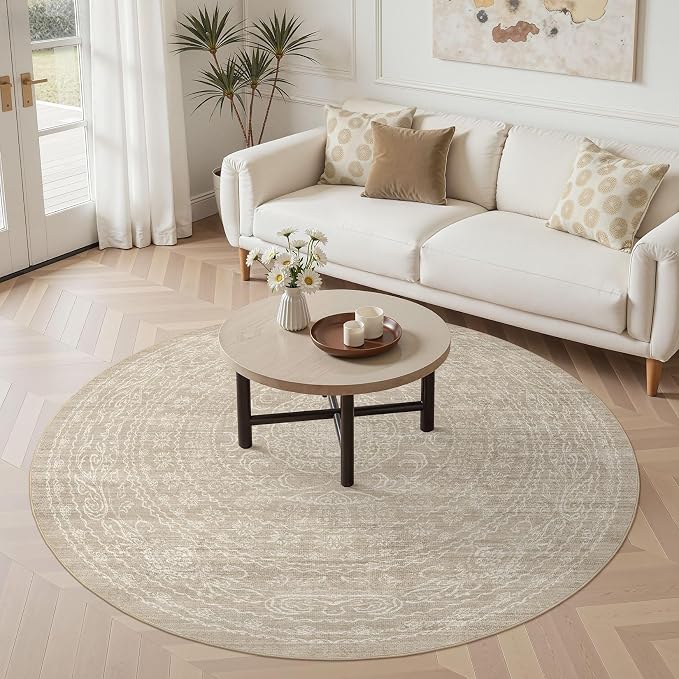 6ft Round Rug Living Room: Washable Large Vintage Rug Neutral Non-Slip Soft by NakagishiAreaRug