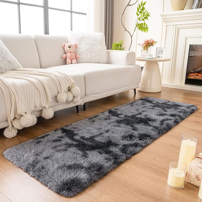 duduta Grey Plush Runner Rugs for Bedroom 2x6 ft, Tie Dye Fluffy Gray Shag Rug - Image 7