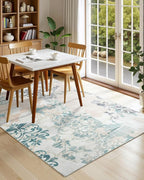 Washable Abstract Rug, 9x12 Ivory and Aqua Floral Area Rugs - Image 3