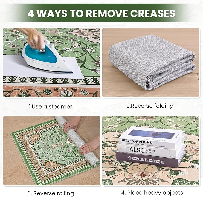 Luxury 5' x 7' Green Washable Area Rugs, Boho Low Pile Easy Clean Non-Slip Rug - Image 9