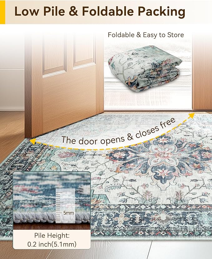 Area Rugs 2'x6' Washable Non-Slip, Floral Vintage Distress Print Pattern - Image 7