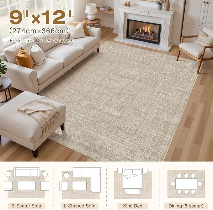 Area Rugs 9x12 Living Room: Washable Large Vintage Rug Neutral Non-Slip Soft - Image 4