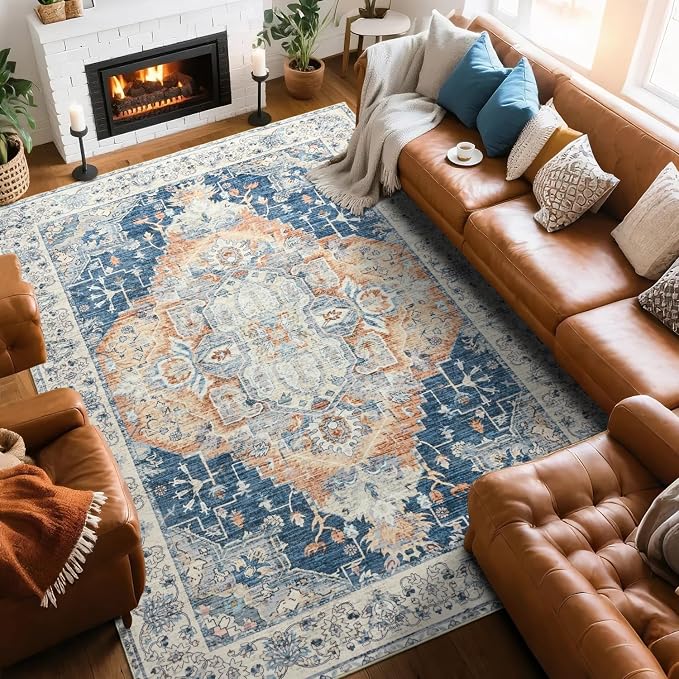 Large Area Rugs 8x10, Low Pile Washable Rugs, Soft Vintage Distressed Rugs by Beglad