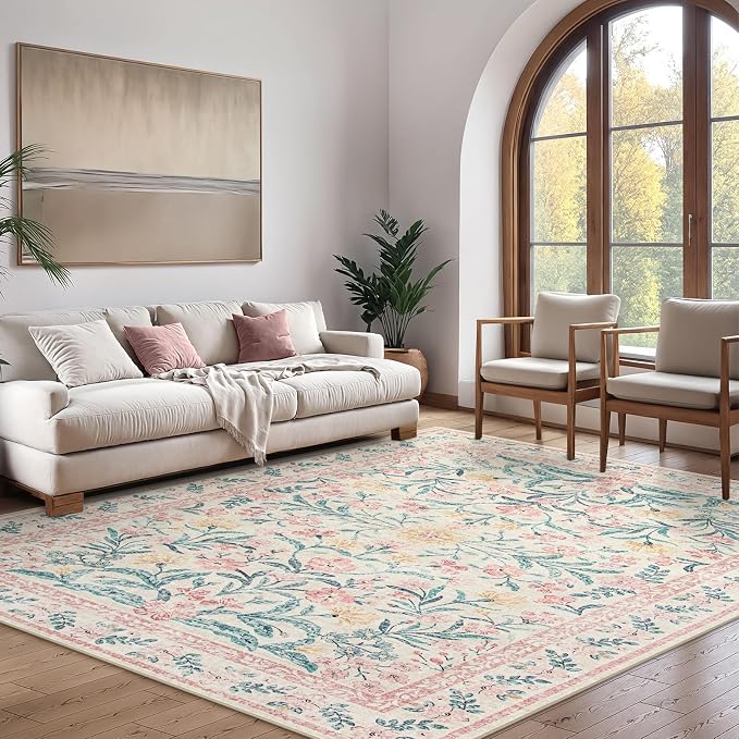 Wonnitar Floral Large Rugs for Living Room, Soft Light Pink Rug Washable 9x12 - Image 6