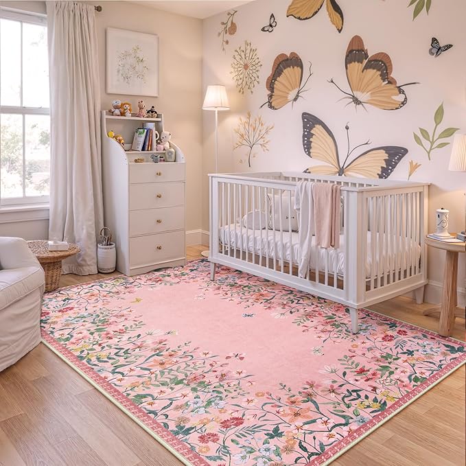 Wonnitar Washable 4x6 Rug, Soft Non-Slip Nursery Area Rug, Floral Rugs Kids - Image 2