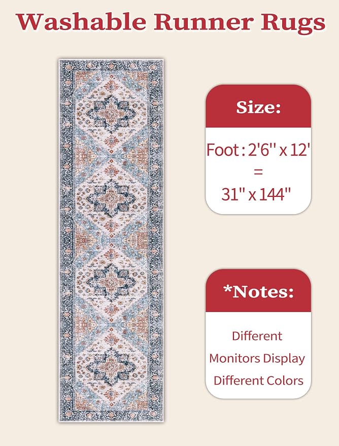SERISSA Runner Rug for Hallways, Extra Long Boho Rug Ultra Soft Vintage Blue - Image 6
