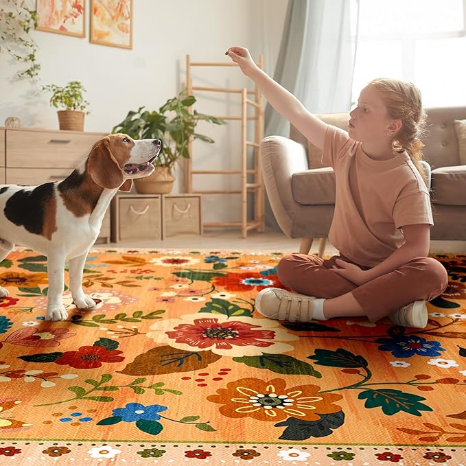 Floral 9x12 Area Rug Machine Washable Soft Print Boho Carpet Non Slip Doormat - Image 6