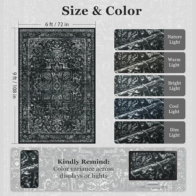 Distressed Black Rugs for Living Room 6x9, Low Pile Thin Area Rugs for Bedroom - Image 2