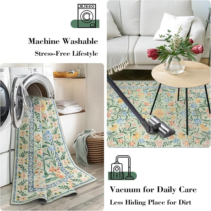Wonnitar Machine Washable Area Rugs 9x12, Soft Sage Green Floral Rug - Image 5