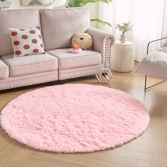 Andency Pink Round Area Rug for Bedroom, Shag Fuzzy Plush Circle Rug 7'X7' for - Image 3
