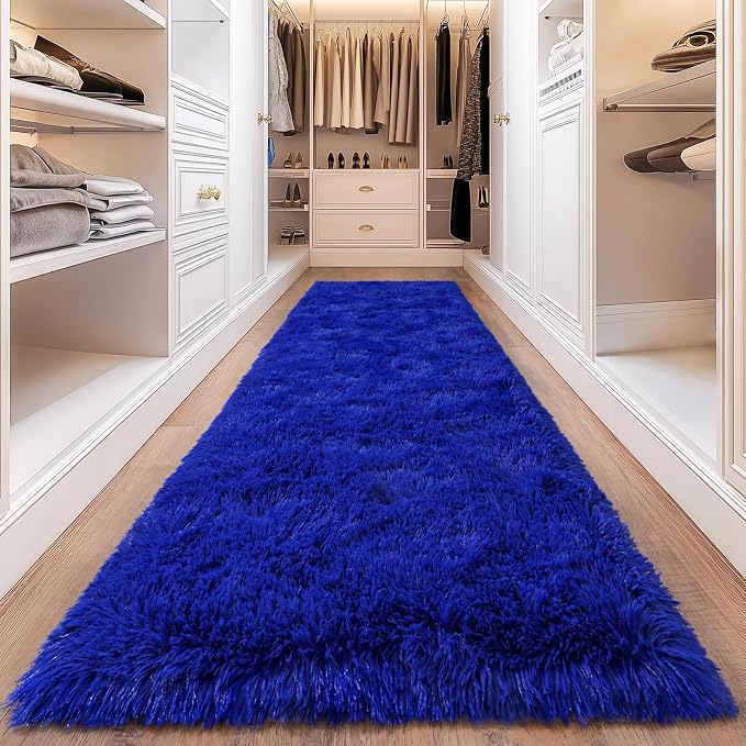 Blue Runner Rug for Hallway, Bedroom Bedside Plush Rugs, Non Slip Fluffy Shaggy - Image 5
