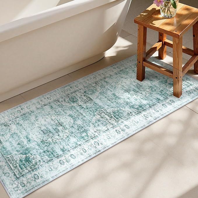 Uphome Bathroom Runner Rug, Distressed Tribal Farmhouse Sage Green Bathroom Mat - Image 6