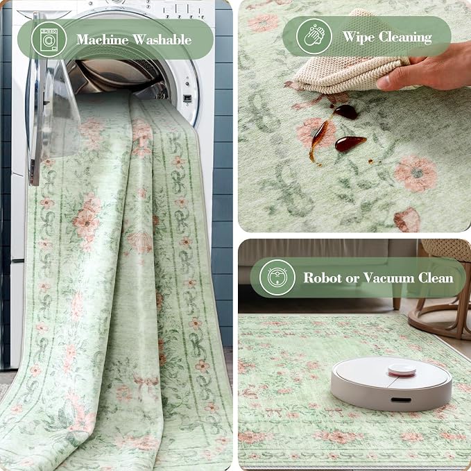 Wonnitar Floral Bow Print Washable Rugs 5x7, Sage Green Rug - Image 6