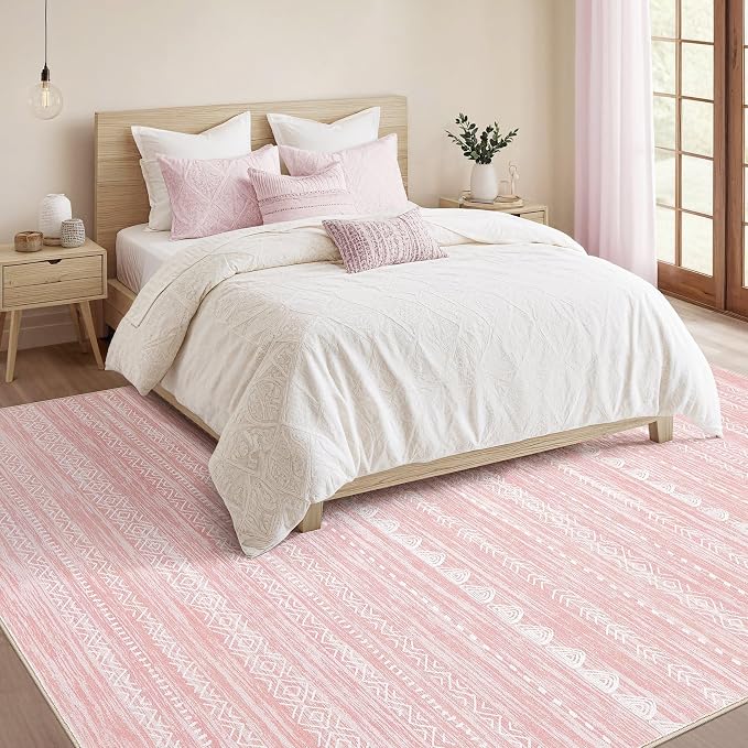 Nakagishi Pink Rugs for Bedroom Girls: 4x6 Washable Boho Large Neutral Area Rug - Image 5