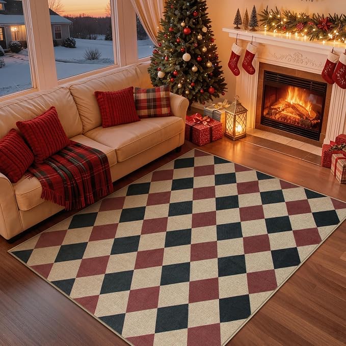 Lahome Checkered 5x7 Rug, Indoor Outdoor Rug Non Shedding Black and Red - Image 2