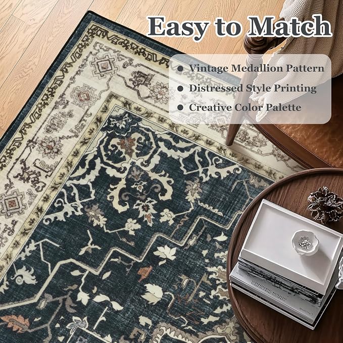 Large Vintage Area Rugs 9x12 for Living Room, Dark Distressed Medallion Printed - Image 5