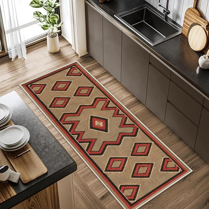 Brown Base Red Black Diamond Runner Rug, 2.6x7ft Zigzag Pattern Hallway Runner - Image 3