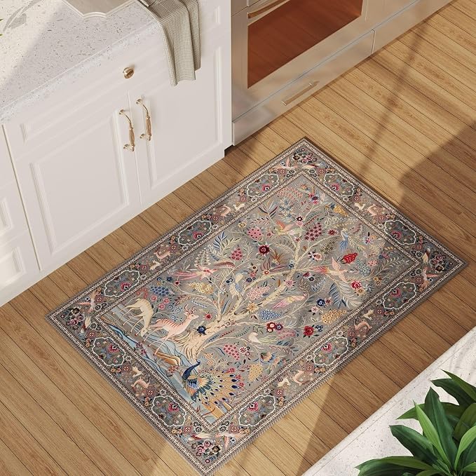 Rugcomf Indoor Door Mat 2x3 Rug Vibrant Tree of Life-Patterned Vintage Machine - Image 2