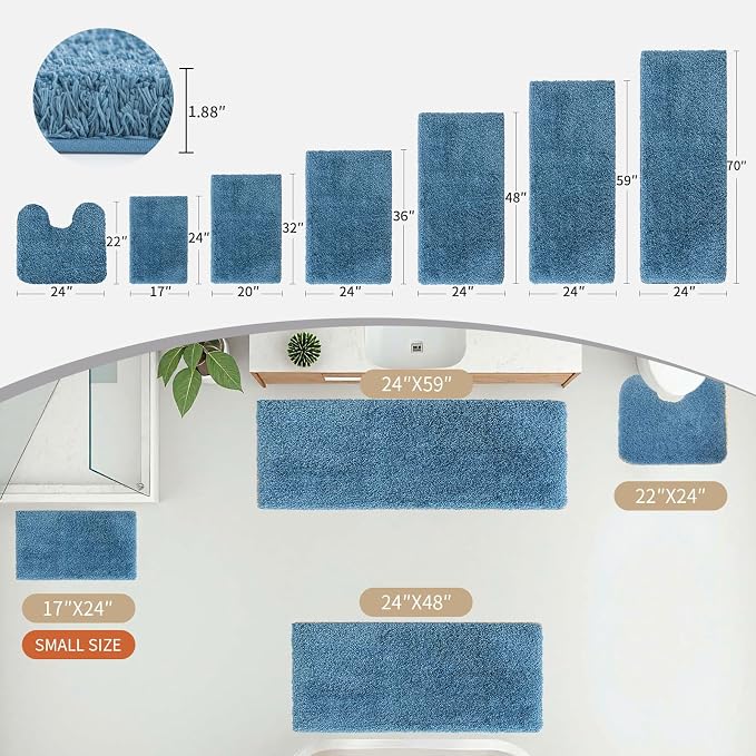 Blue Bathroom Runner Rug 24x59 Non Slip Fluffy Long Bath Mat - Image 3