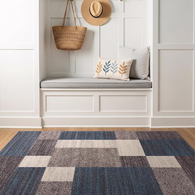 Rugshop Contemporary Blue Geometric Boxes Non-Slip Area Rug Non-Shedding - Image 9