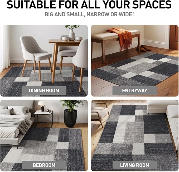 Rugshop Gray Modern Geometric Boxes Non-Slip Area Rug Non-Shedding - Image 4