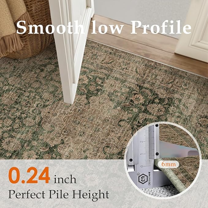 2x3 Washable Vintage Area Rug Green Brown Entryway Kitchen Carpet Non-Slip Soft - Image 7