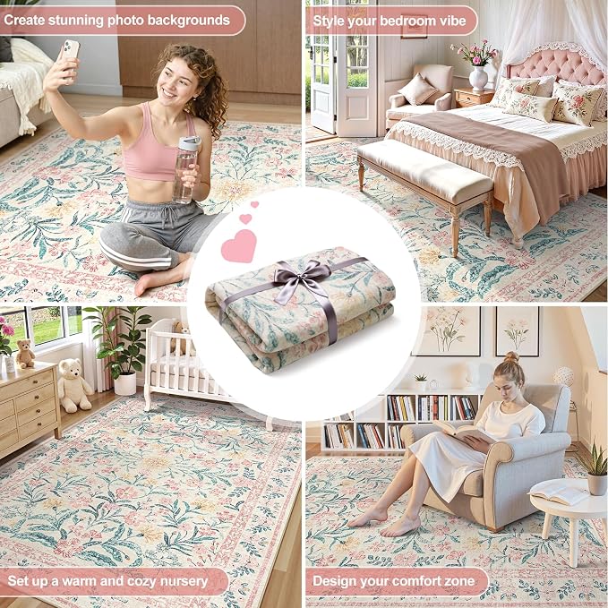 Wonnitar Washable Area Rug 6x9, Boho Non Slip Non-Shedding Pastel Nursery Carpet - Image 6