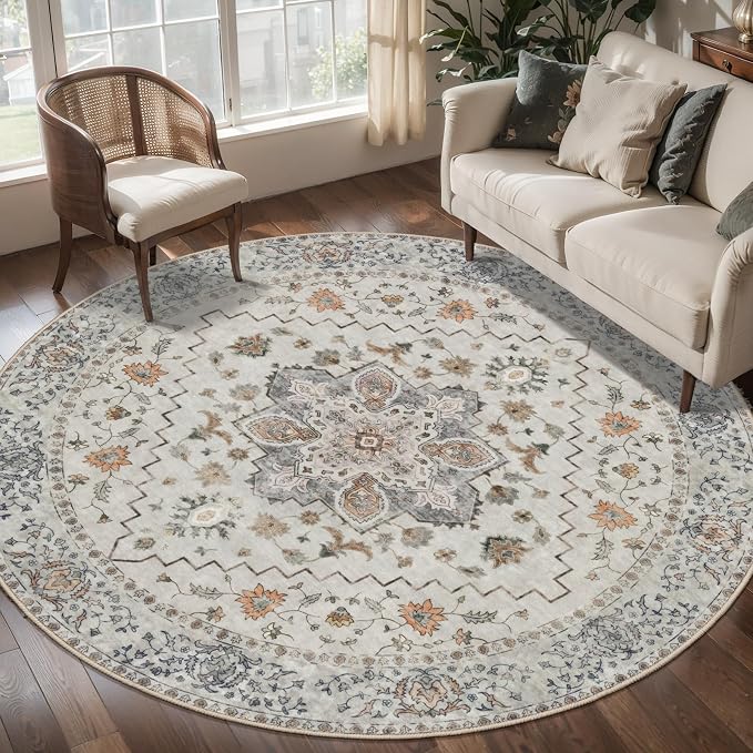 Tangsoo Vintage Round Rug 4ft Washable Circle Rug, Non Slip Small Boho Round Rug - Image 6
