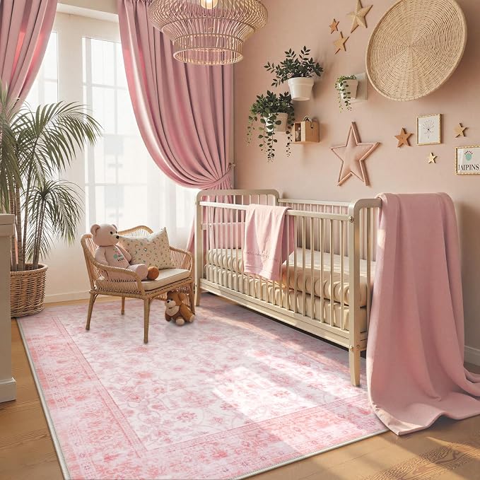 LIVEBOX Pink Area Rug 5x7, Vintage Living Room Rug Machine Washable Area Rugs - Image 2
