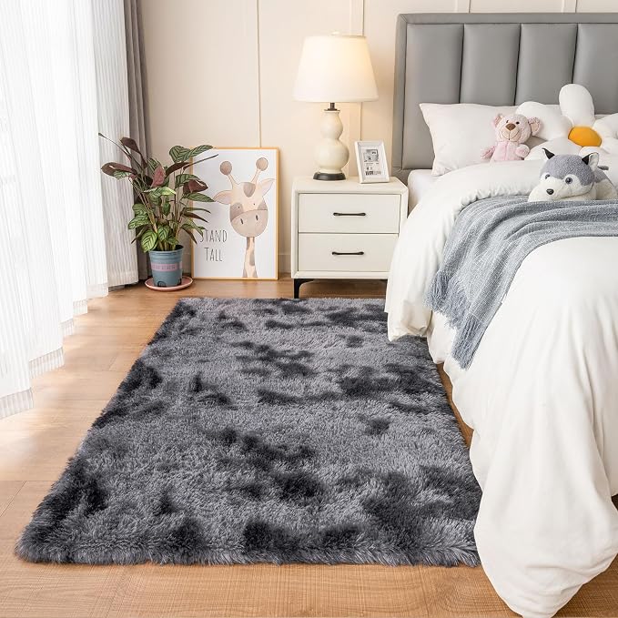 duduta Grey Plush Rugs for Bedroom 3x5 ft, Tie Dye Fluffy Gray Shag Rug for - Image 7
