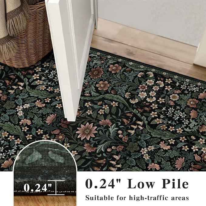 5×7 Black Washable Floral Area Rug, Vintage Boho Soft Low-Pile Living Room Rugs - Image 7