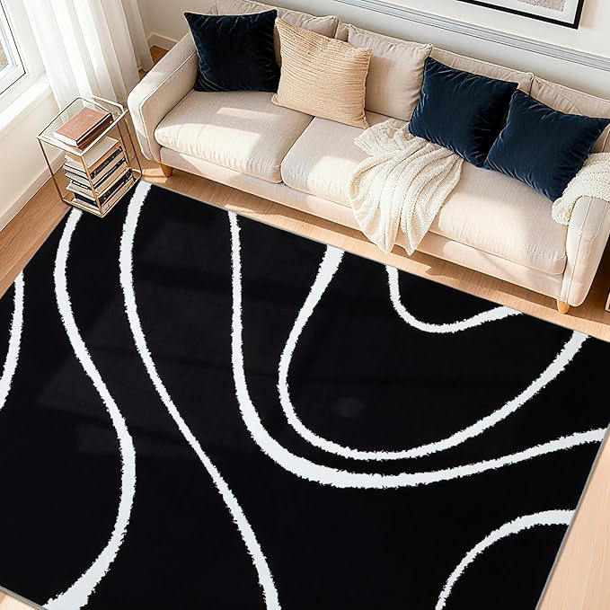 YIHOUSE Abstract Washable Rug 8x10, Ultra Thin Non Slip Black Rugs by YIHOUSE