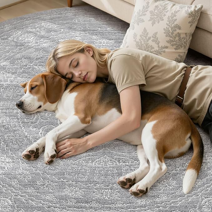 8ft Round Rug Living Room: Washable Large Vintage Rug Neutral Non-Slip Soft - Image 7