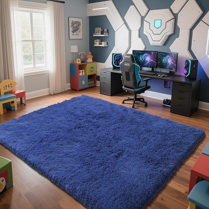 Blue Fluffy Rug Shaggy Area Rug, 8x10 Area Rugs - Image 2
