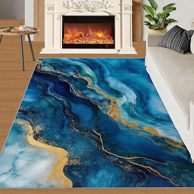 Blue Gold Marble Rugs for Bedroom - Image 2