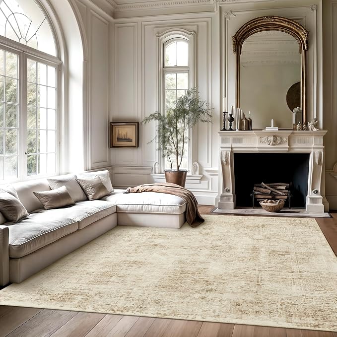 5x7 Area Rugs Brown Low Pile Indoor Washable Trendy Faded Style Floral Rugs - Image 2