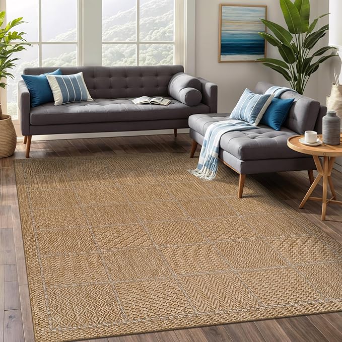 Beverly Rug Easy Jute Checkered Squared Rug 5x7 Washable Durable Indoor Outdoor by BeverlyRug