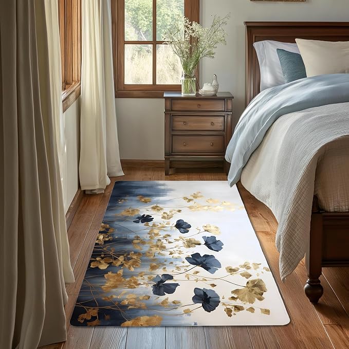 Blue Gray Flower Area Rug for Living Room, Non-Slip Backing Low Pile Modern by Gearsly
