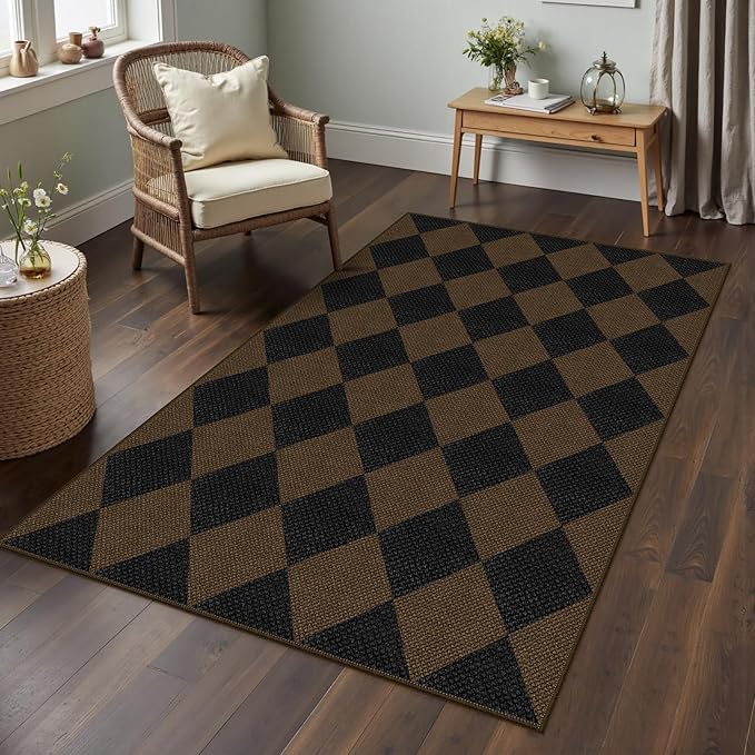 Easy Jute Checkered Area Rug, 3x5 Indoor Outdoor Entryway Rug Washable Coffee by Rugalia