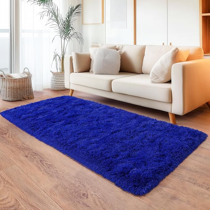 Blue Runner Rug for Hallway, Bedroom Bedside Plush Rugs, Non Slip Fluffy Shaggy - Image 2