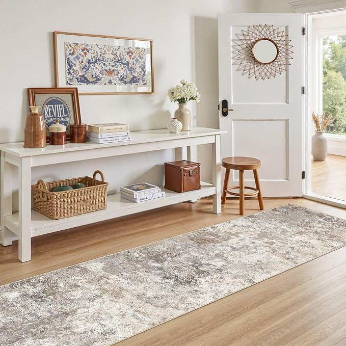 2X10 Washable Runner Rug for Hallway: Soft Neutral Modern Abstract Area Rug - Image 2