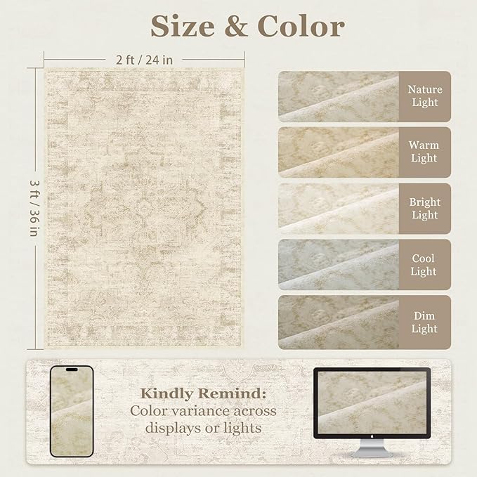 Distressed Beige Kitchen 2x3 Rugs Non Slip Washable, Natural Farmhouse Vintage - Image 2