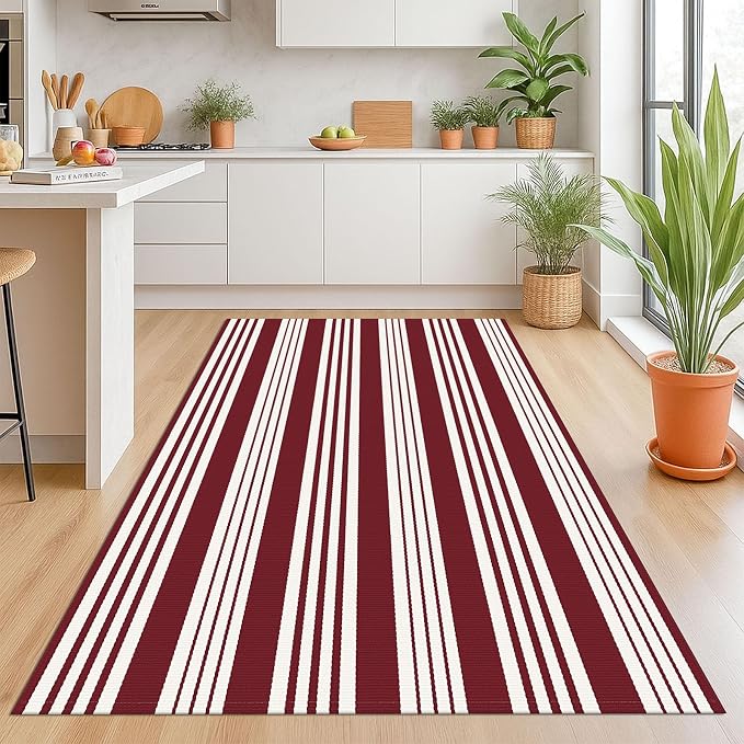 KOZYFLY Striped Outdoor Rug 4x6 Ft Red and White Christmas Front Door Rug Woven - Image 3