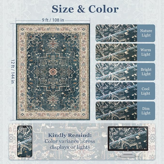 Large Vintage Area Rugs 9x12 for Living Room, Dark Distressed Medallion Printed - Image 2