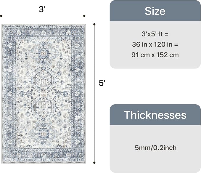 Bavni 3x5 Area Rug for Living Room Bedroom, Washable Boho Print Vintage - Image 2