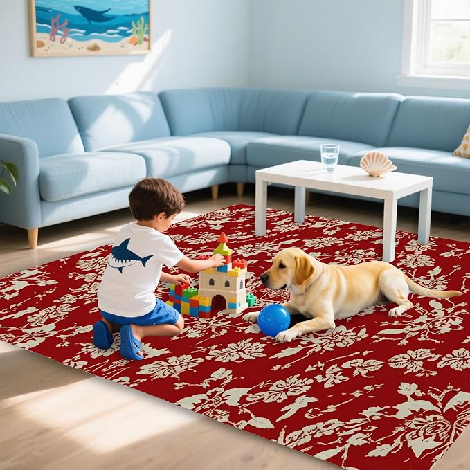 Red Flower Carpet for Living Room, 3x5 Non-Slip Washable Low Pile Abstract - Image 7