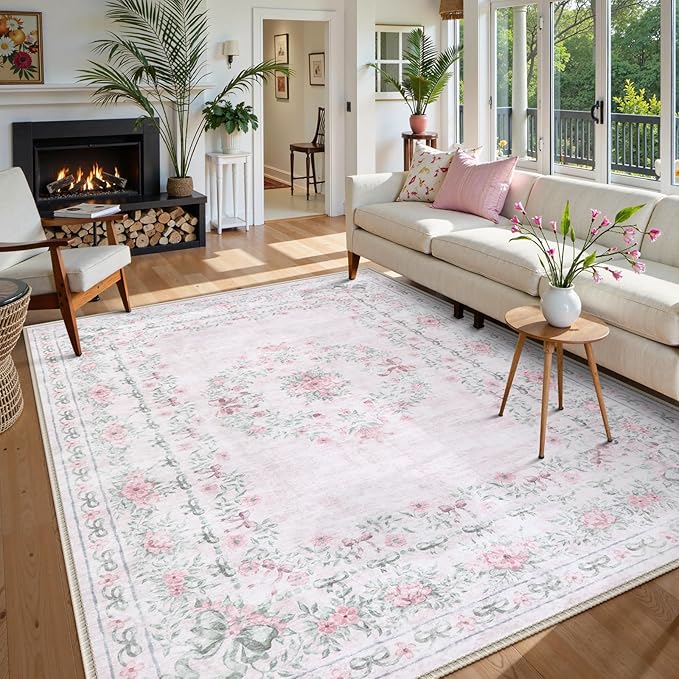 Wonnitar Floral Bow Print 8x10 Area Rugs, Washable Pink Rugs by Wonnitar